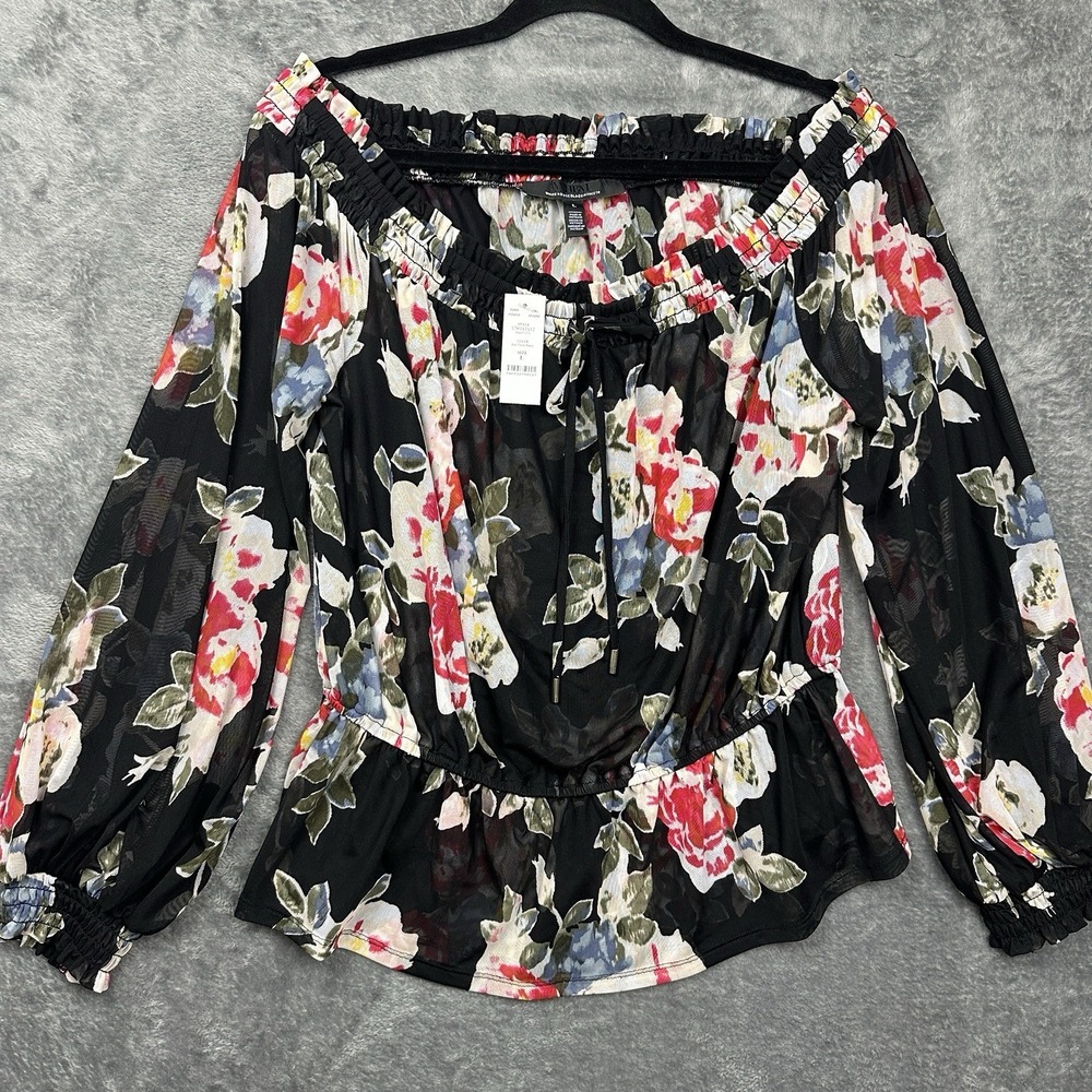 White House Black Market Blouse Women's Large Sheer Ikat Floral Black Flowy NWT - Picture 4 of 12